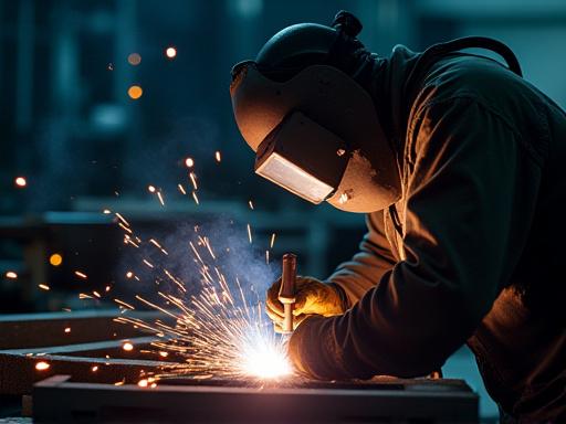 A technician performing a precision weld on a truck frame